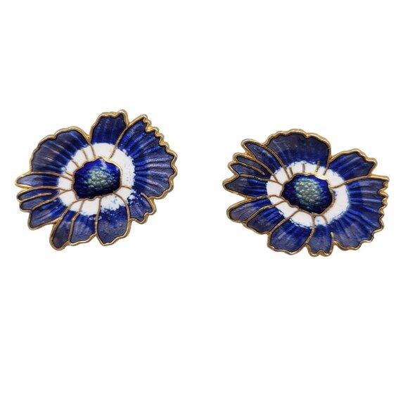 Vintage Enamel Cloisonne Blue & White Flower Post Earrings - Picture 1 of 3